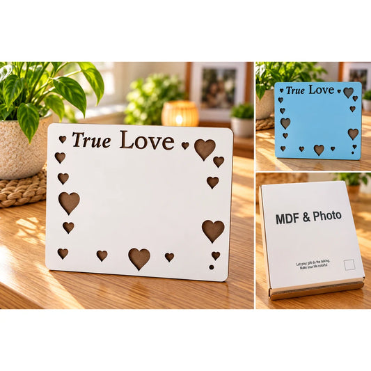Cuadro MDF sublimable True Love blanco de 23,5 × 20 cm con corazones calados.
