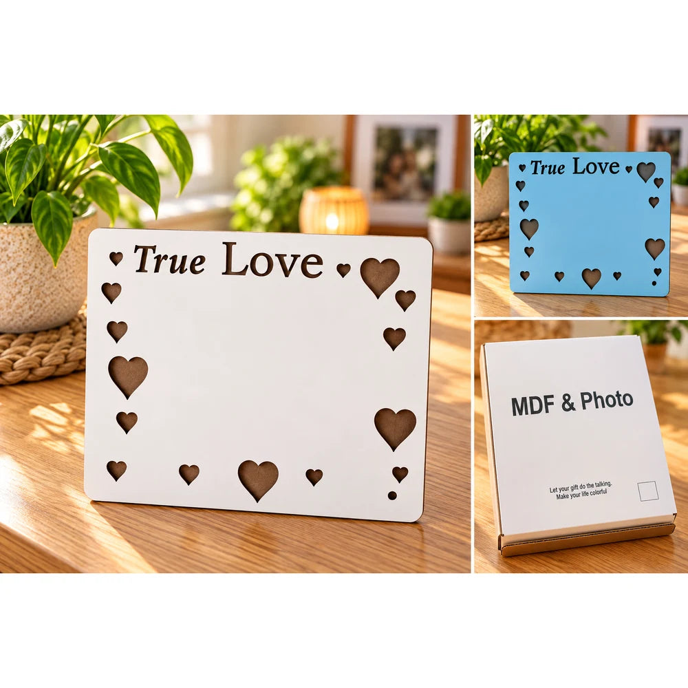 Cuadro MDF sublimable True Love blanco de 23,5 × 20 cm con corazones calados.