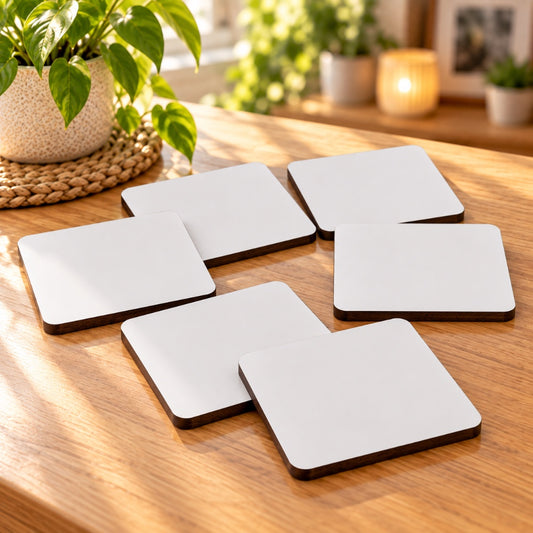 Pack de 6 posavasos MDF sublimables cuadrados blancos de 9,6 x 9,6 cm