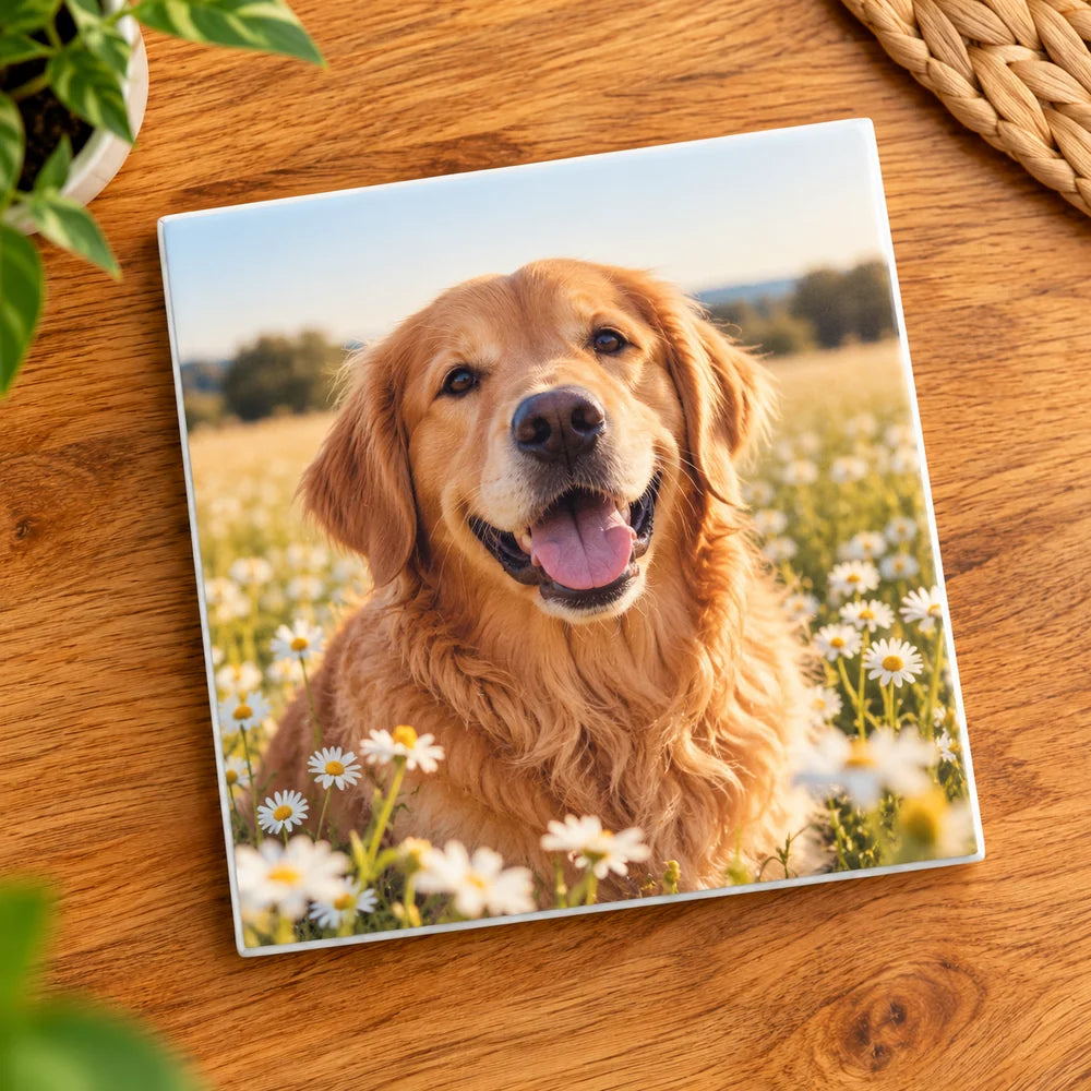 Cerámica sublimable cuadrada de 20 × 20 cm personalizada con fotografía de perro, presentada sobre mesa de madera.