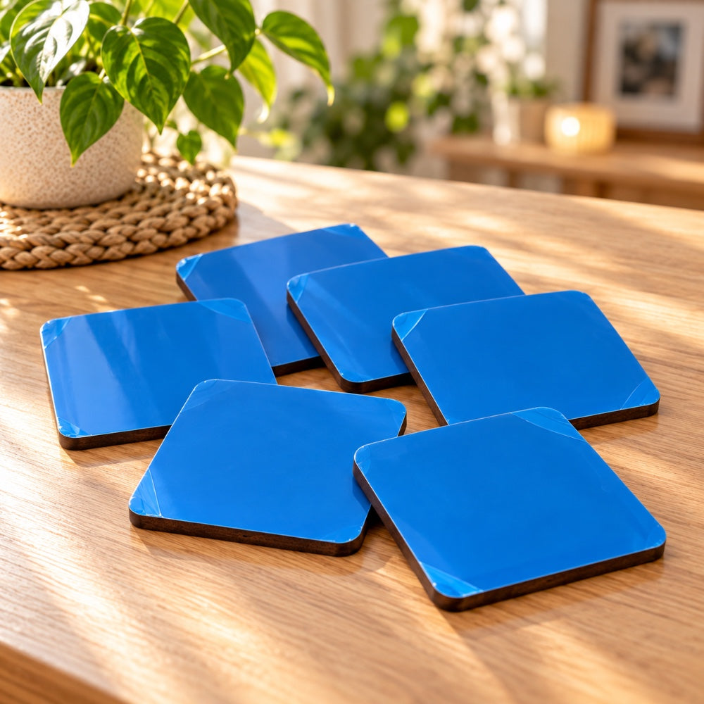 Pack de 6 posavasos MDF sublimables cuadrados con lámina protectora azul