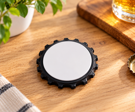 Abrebotellas magnético sublimable tipo tapa con área de aluminio de 7 cm